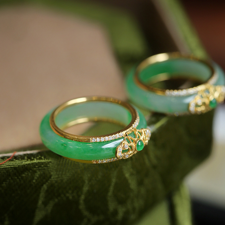 18K Gold Plated Natural Green Jade Ring