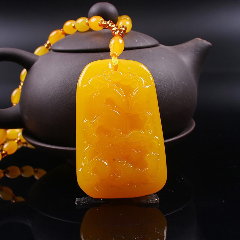 Exquisitely Carved Yellow Bee Wax Dragon Plaque Pendant