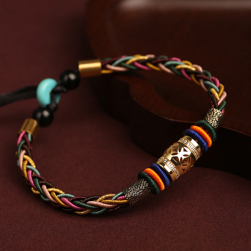 Tibetan Lucky Rope Bracelet - Five-Color Braided Thread with Gold-Tone Hollow Charm for Protection & Good Luck